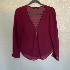 onayaya burgandt sheer zip up blouse gold zipper